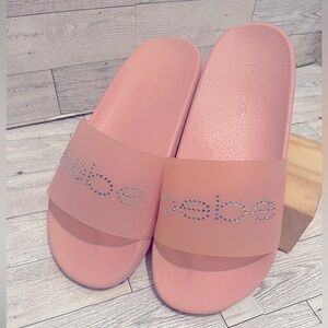 Bebe Pink/ Rhinestone Dahlia Slides Women’s size 8 New